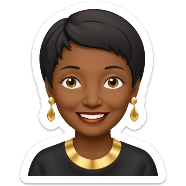 old woman with black short hair and gold earring and black skin sticker