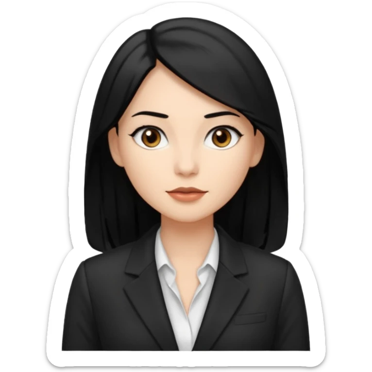 a woman with office outfits her hair is long black hair, her eyes are soft brown color and the color of her lip is soft brown sticker
