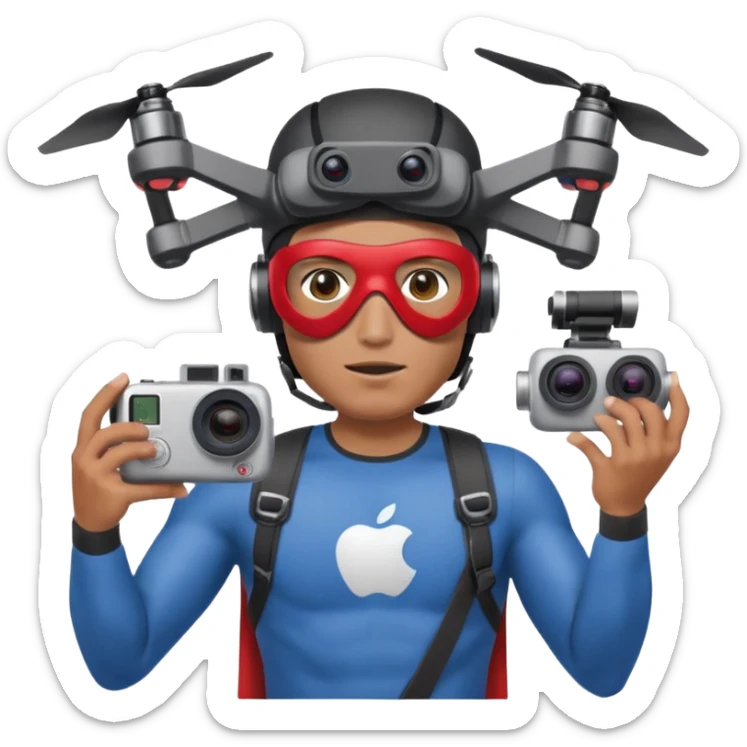 Super hero photographe, gopro sur la tête, masque ce fpv  (style Apple vision) sur les yeux. Un drone à côté de lui. Il tiens un appareil photo reflex. sticker
