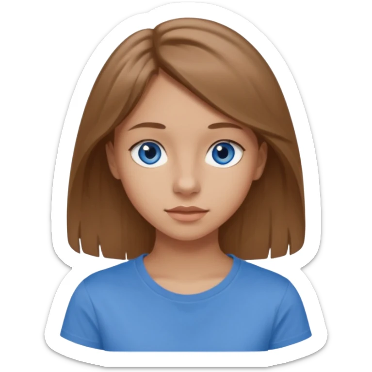 A 16-year-old girl with long, light brown hair and blue eyes. She also has slightly tanned skin, a small nose, and average-sized lips (though her lower lip is slightly larger than her upper lip). She's wearing a taupe T-shirt with a round neck.  sticker