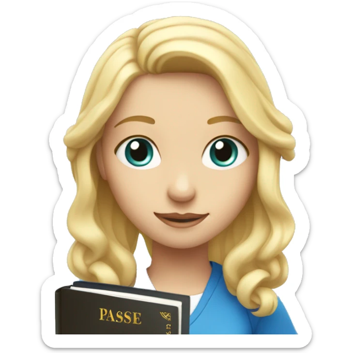 Blonde girl with blue eyes holding a passeport in her hand and sun upon her head sticker
