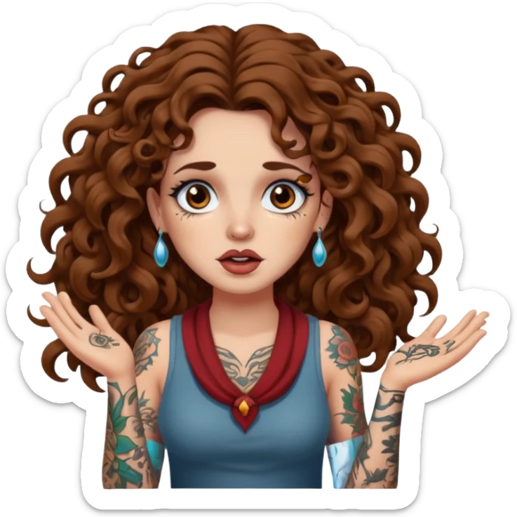woman with long curly brown hair, brown eyes, white skin, tattoos, shrugging while reality melts like bark sticker