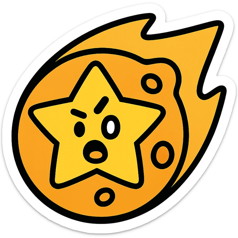 Brawl Stars pin showing a golden meteor with a star, cartoonish and expressive, bold outlines, vibrant colors sticker