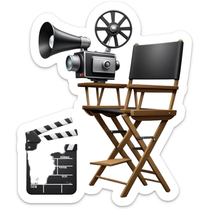 Icon for Directing: a director's chair, a film clapperboard, large movie camera, vintage megaphone and a stage with a spotlight. The icon should represent the creative and organizational aspects of directing, with focus on storytelling, staging, and performance. Transparent background. sticker