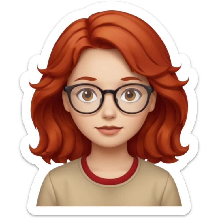 girl wear glasses, wavy red hair, beige shirt sticker