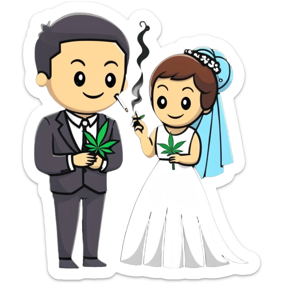 Full body view of person in fancy clothes sneaking into a wedding ceremony with a mischievous grin, uninvited guest, smoking cannabis sticker