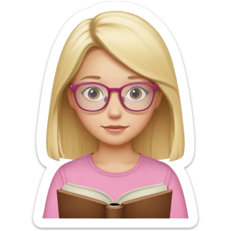 long hair blonde girl pink top with glasses reading sticker