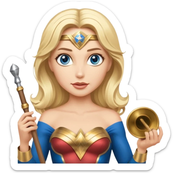 Blonde blue eyed Wonder Woman holding white orchestra conductor’s baton and bell  sticker