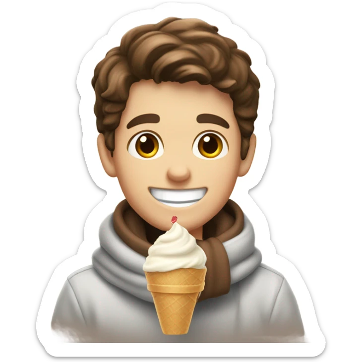White boy so hungry he’s eating ice cream with his brown hair, brown eyes, big smile, and a scarf sticker