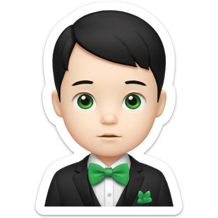 baby boy black hair white skin in suit, with green bow sticker