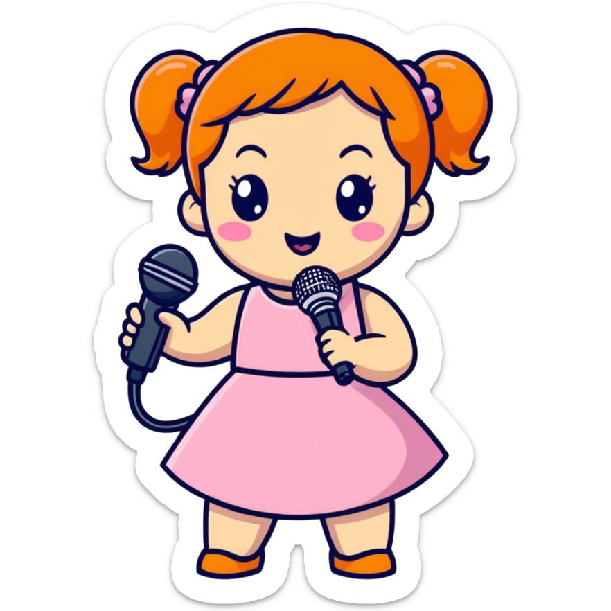 cute, energetic cartoon performer - orange pigtails, pink dress, microphone in hand, and a big "I'm about to rock this stage" pose. sticker