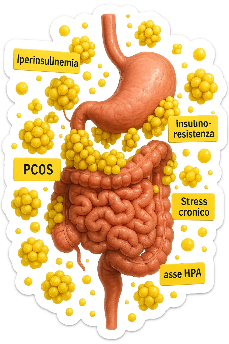 STOMACO E INTESTINO SONO VERTICALMENTE COLLEGATI E INTORNO A QUESTI ORGANI CI SONO CELLULE DI GRASSO GIALLE ATTACCATE SOPRA A GRAPPOLI, intorno fluttuano cellule di grasso giallo e alcune targhette con queste parole "Iperinsulinemia", "insulino-resistenza", "PCOS", "Stress cronico", "asse HPA", IPERREALISTICO 4K sticker