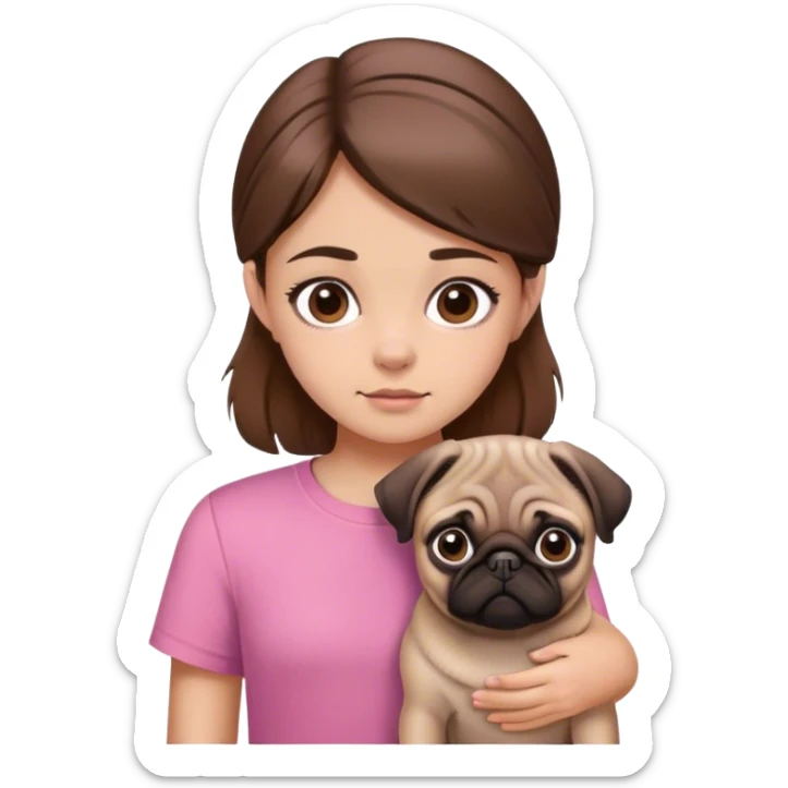 Young Girl with pink shirt brown hair and brown eyes and brown pug sticker