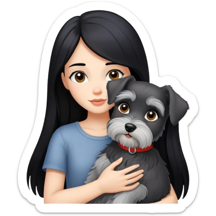 A beautiful girl with long black hair hugs a little schnauzer sticker