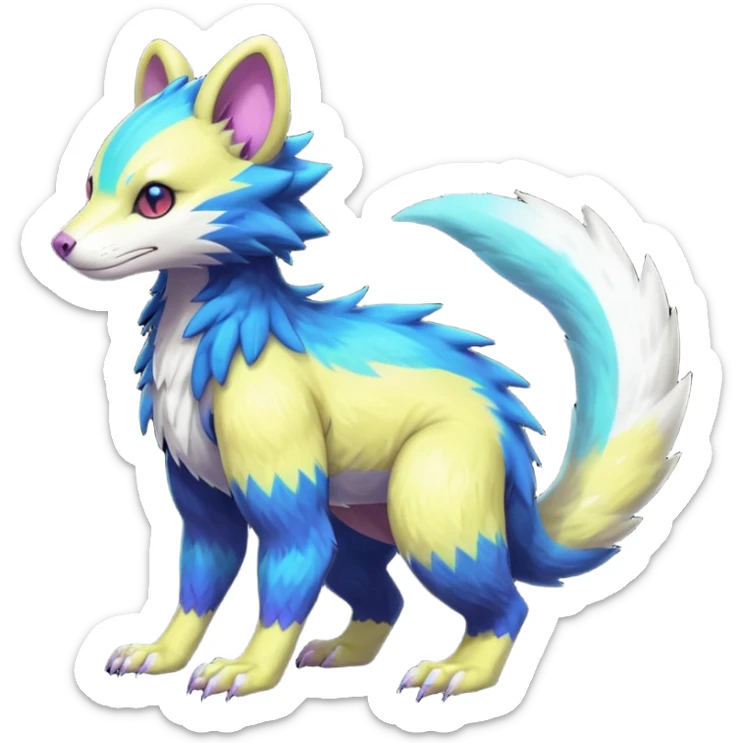 Colorfull translucent luminescent neon-glowing Trico-Sergal-Furret-Ferret-Wolverine-Vernid-furry-fursona-fusion-Fakemon-animal-hybrid-creature, full body sticker
