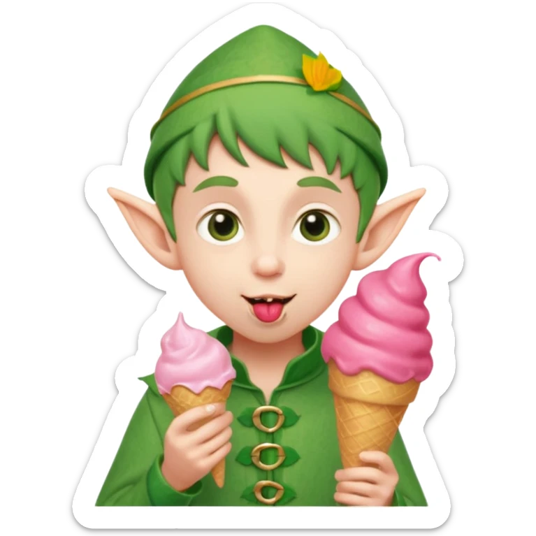 
A young elf boy in leafy clothes licking a triple-scoop ice cream with wide eyes.
baby elf with strawberry ice cream




 sticker