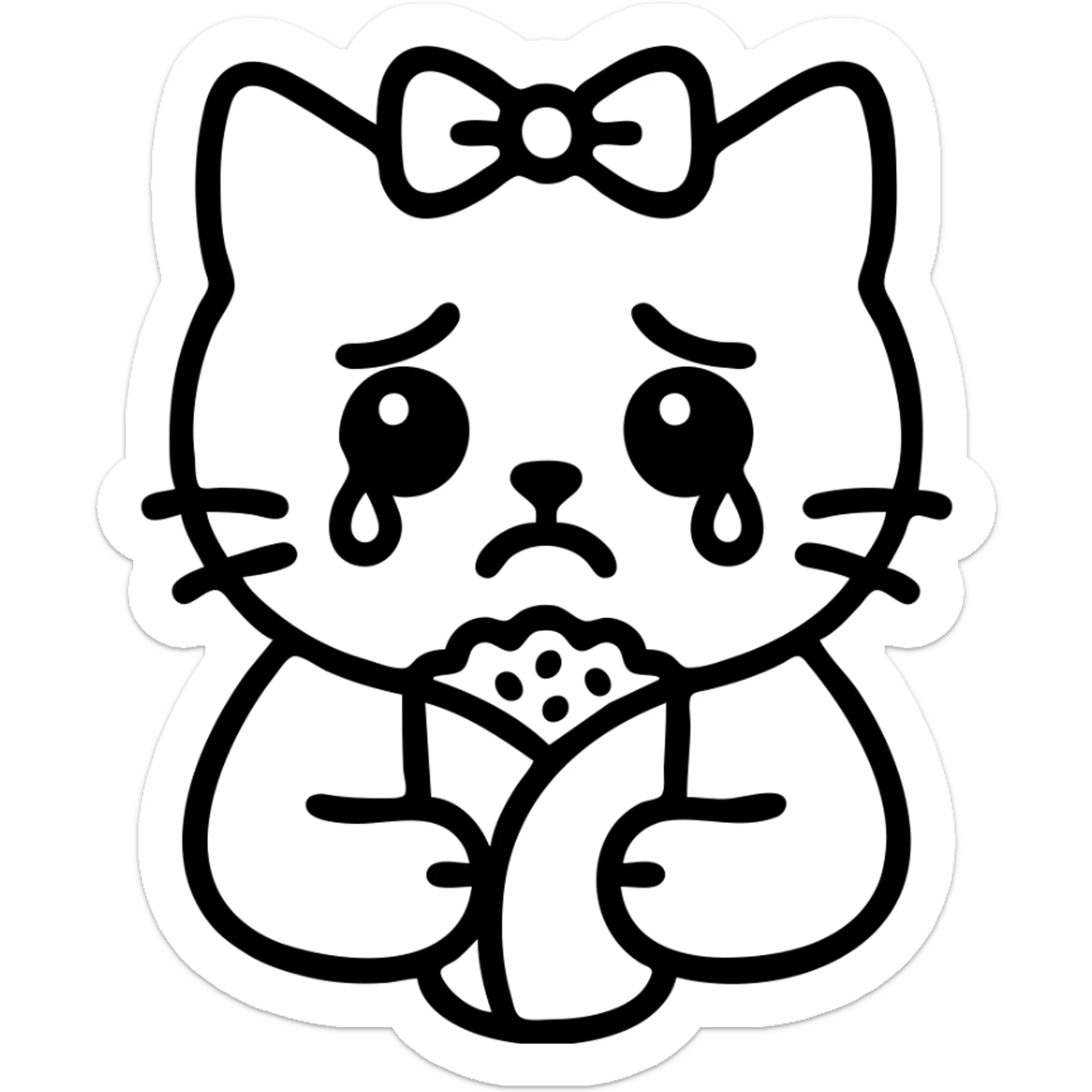 sad white cat holding a dürüm, teary eyes, light pink ribbon on head, icon style sticker