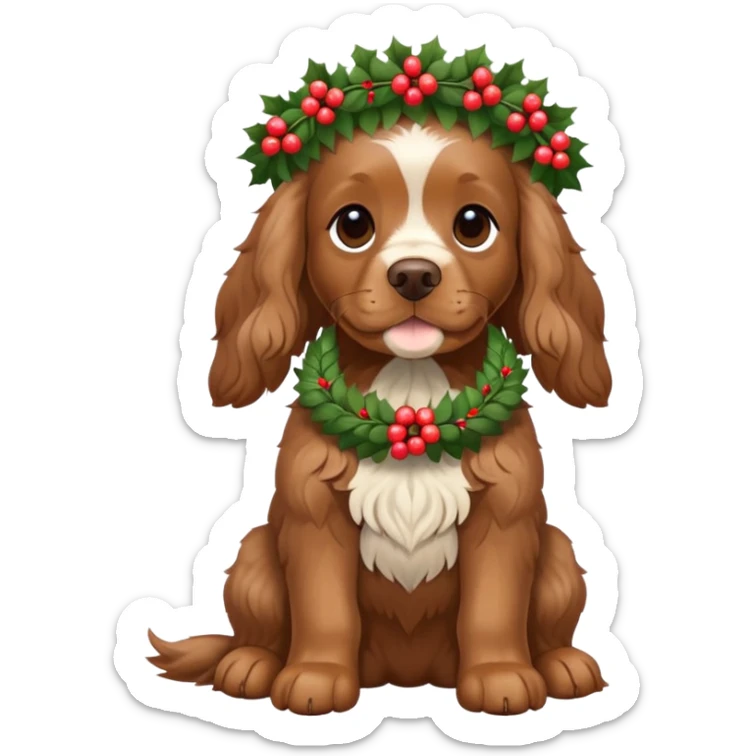 Full body shot of brown cocker spaniel sitting happily with a wreath on his head sticker