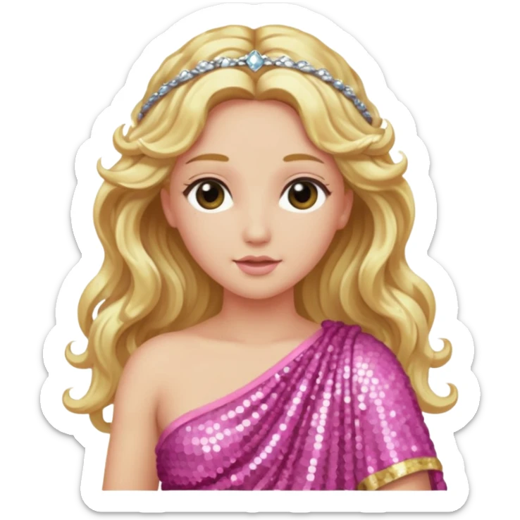 Aphrodite from Greek Gods with long blonde wavy hair, pink sequin toga sticker