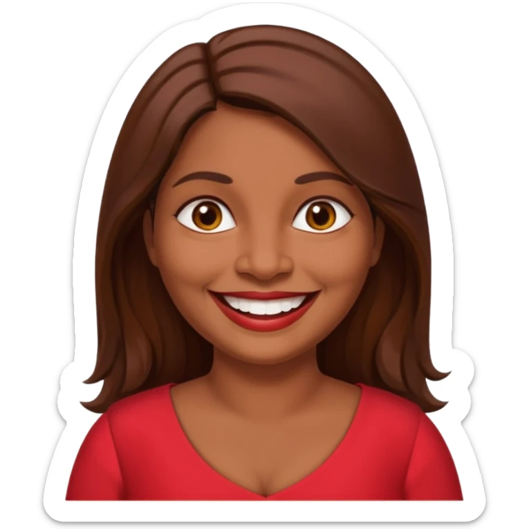 50 yr old chubby Sri Lankan woman, dark skin, straight brown hair, big smile, white teeth, red dress clothes, longer hair sticker