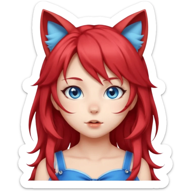 very cute anime cat-girl with cat ears, red blowing hair sticker