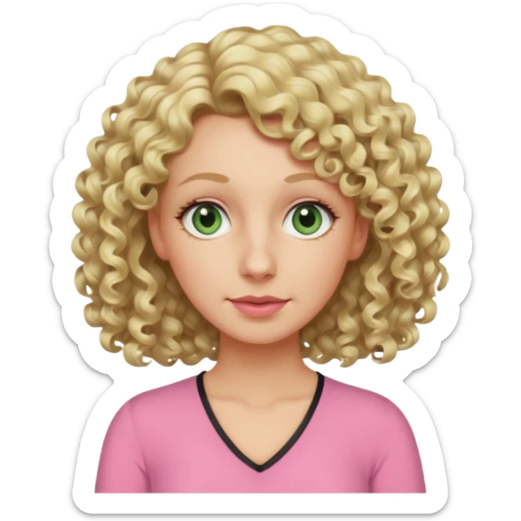 a woman in her late 40s and has greyish greenish eyes and blonde curly hair wearing a pink top  triangle nose sticker