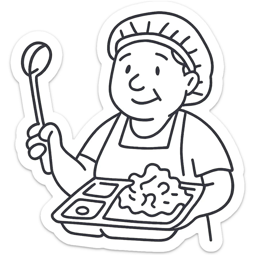 hand-drawn outlined icon of a lunch lady holding a ladle and a tray of gross food sticker