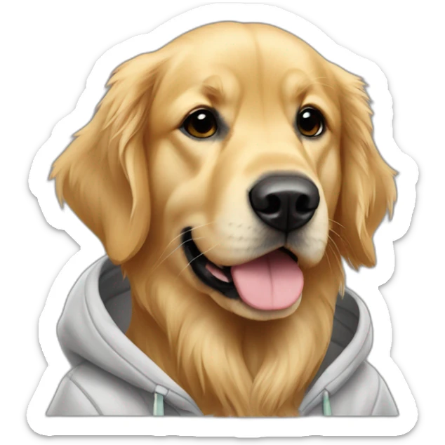 Golden retriever wearing a hoodie with the text Hola en que podemos ayudarte? sticker