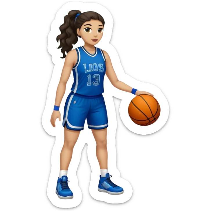 full body plus size light skin latino women basketball player with wavy dark hair in pony tail wide nose wearing blue uniform with green accent sticker