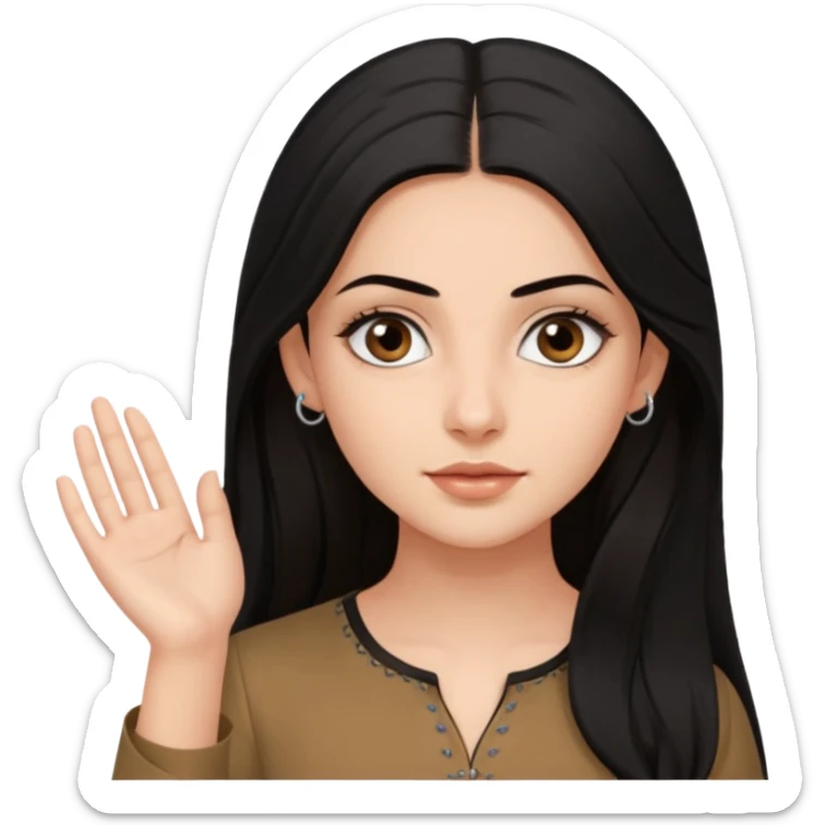 a pretty bratz fair girl with long black hair, kajal under eyes, small silver hoop. brown kurti on sticker