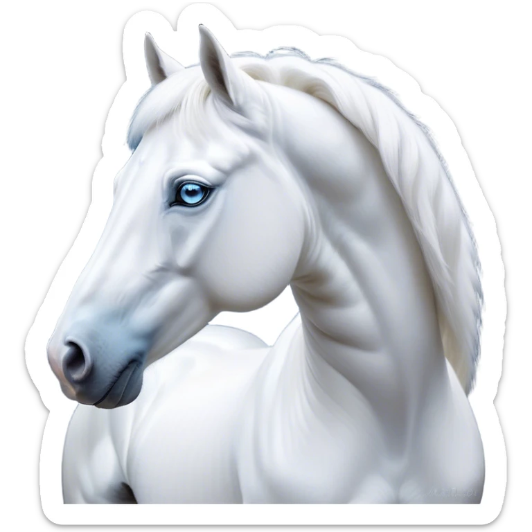 Cinematic Noble White Horse Portrait Emoji, Poised and regal, with a strong, athletic build and a pristine, well-groomed pure white fur, deep-set soulful blue eyes, Simplified yet sharp and sophisticated features, highly detailed, glowing with a soft, dignified glow, high shine, intelligent and majestic, stylized with an air of ethereal grace, focused and attentive, soft glowing outline, capturing the essence of a watchful and confident steed, so majestic it feels as though it could gallop out of the screen with effortless authority! sticker