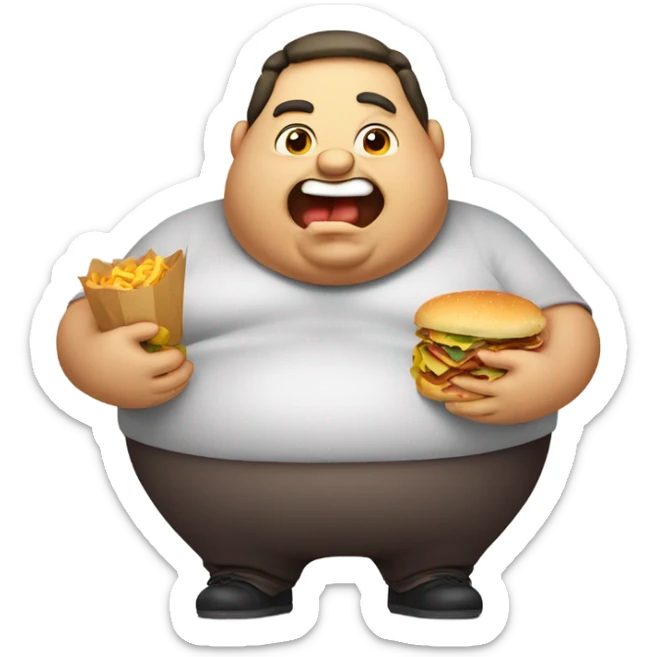 Overweight cartoon character with mouth and hands full of food sticker