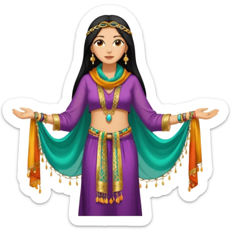 Mujer joven, morena, 
Negro, largo y brillante, suele ir cubierto parcialmente por un velo o pañuelo oriental.inspiración árabe: túnica colorida , con detalles dorados o lentejuelas; brazaletes y pendientes.cuerpo entero sticker