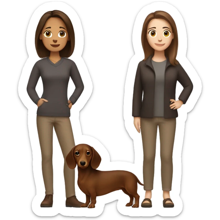 A woman with straight shoulder length brown hair holding a brown dachshund  sticker