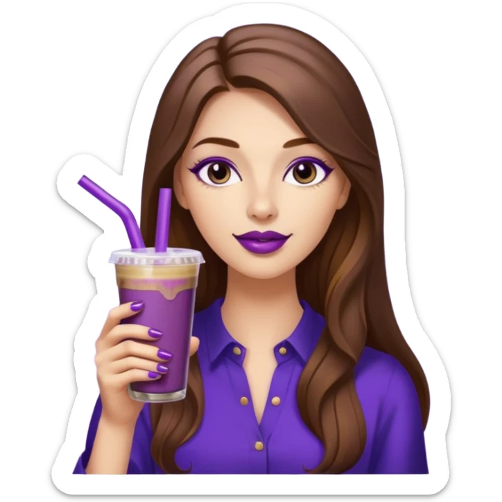 girl with long brown hair, wine lipstick, gold nails, drinking a blueberry butter pecan iced coffee with a purple straw  sticker