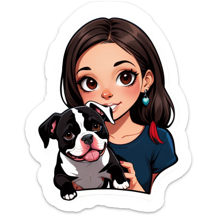  beautiful girl with choppy long dark hair with her nose piercing and her black iPhone with her her pet pit bull girl with an underbite layed next to her sticker