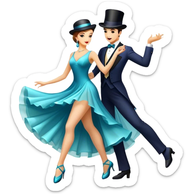 Icon for Ballroom Dancing: a pair of elegant dance shoes, a flowing dress, a top hat, and a dance floor spotlight. The icon should represent the elegance and atmosphere of ballroom dance, focusing on the iconic dance elements. Transparent background. sticker