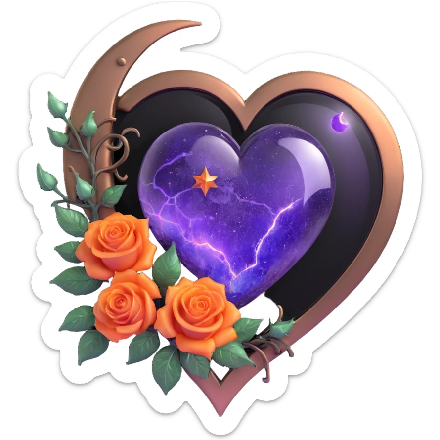gothic heart made of bronze glass, silver crescent moon, orange roses, holographic stardust, neon purple lightning, wet and cracked glass sticker