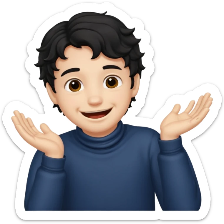 a boy with black wavy hair smiling very big but strangling his neck with his hands sticker