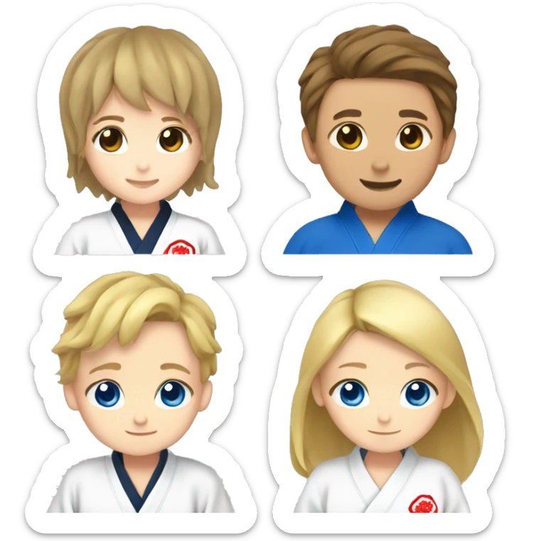 boy with brown hair and eyes and girl with blonde hair and blue eyes in kimono judo sticker