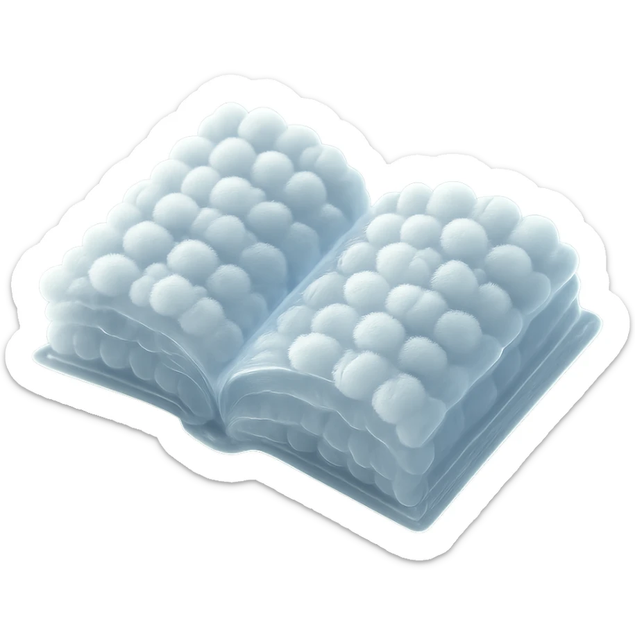 top view of a thick open book made entirely of small, very bright white fluffy convex clouds, matte glass style sticker