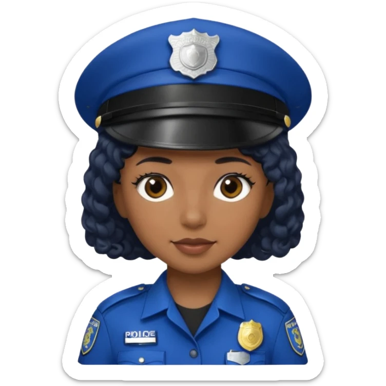 A female police officer with medium-dark skin tone, wearing a dark blue police cap with a silver badge in the center, short curly black hair showing from under the cap, large brown eyes, and a slight smile. sticker