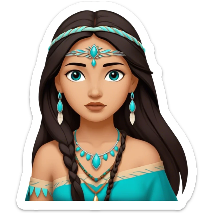 Cinematic Realistic Elegant Pocahontas Portrait, depicted with sun-kissed, warm skin rendered in lifelike detail and soft, natural lighting that accentuates its gentle glow. Her long, flowing dark hair is intricately detailed with natural movement, and her wise, expressive eyes shine with a deep, serene intensity. She is dressed in traditional attire with rich earthy tones and subtle turquoise accents, each fabric fold and texture rendered authentically. The portrait exudes a natural radiance that captures the timeless, indigenous beauty of Pocahontas with depth and authenticity. sticker