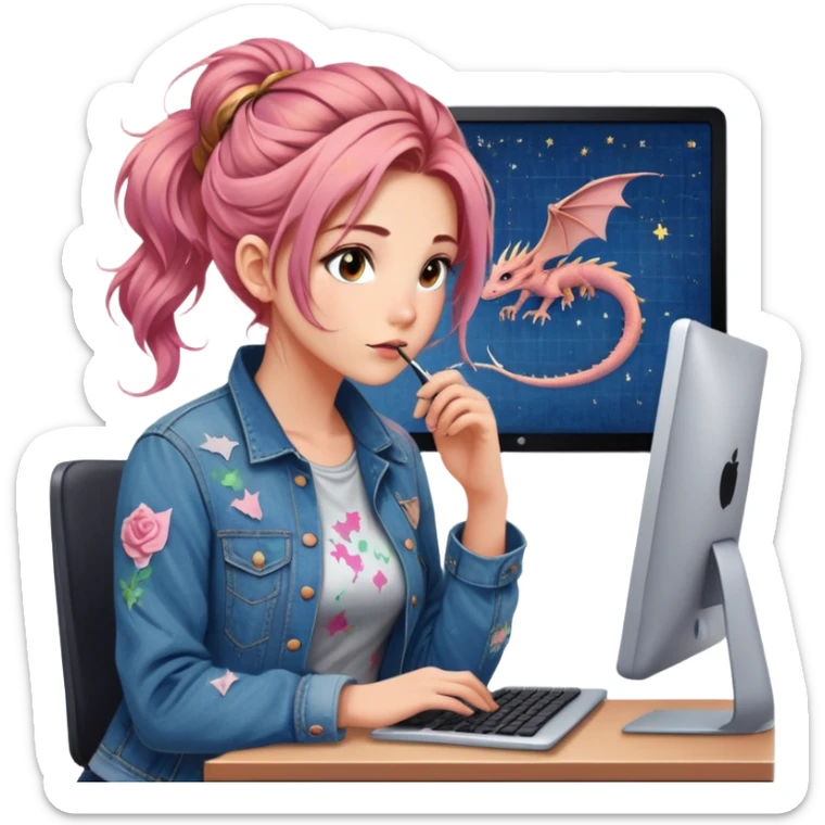 Gender: Female Hair: Rose-gold balayage in messy fishtail braid Face: Starry-eyed gaze looking past computer Clothes: Paint-splattered denim jacket over office dress Action: Doodles of dragons invading spreadsheet cells sticker