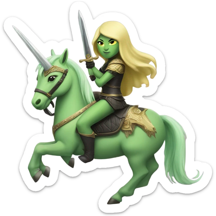 green amazon alien woman on a light yellow unicorn with black mane holding a sword and shield

a green amazon alien woman on a light yellow unicorn with black mane holding a sword and shield sticker