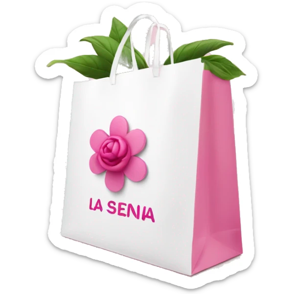 White shopping bag with pink text that says La Sienna in pink with one pink flower  sticker