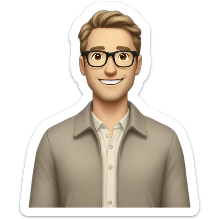 Joyful Pale skinned Fit Man With dark brown hair in gray jacket, beige office shirt, Brown pants and vintage glasses. His thrumbs up sticker