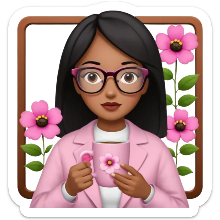 Chica de pelo negro ojos negros y piel morena con lentes oversize square GAFAS DE LEER BIEN GRANDES , en la mano derecha una taza de cafe en color rosa con una flor negra de diseno. Sentada mirando un drama koreano en la television.  sticker