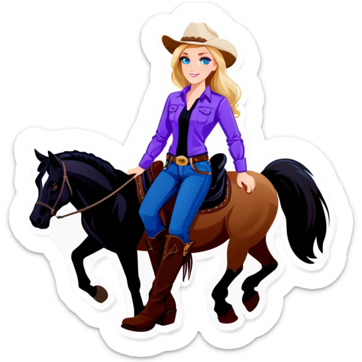 Blonde cowgirl with blue eyes wearing a purple shirt with boots and jeans and a black and white horse with a black Labrador and a brown Labrador  sticker
