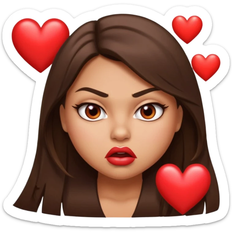 Sexy tanned beautiful girl with plump lips and brunette straight hair with angry looking face but with 3 hearts on top right, middle left and bottom right  sticker